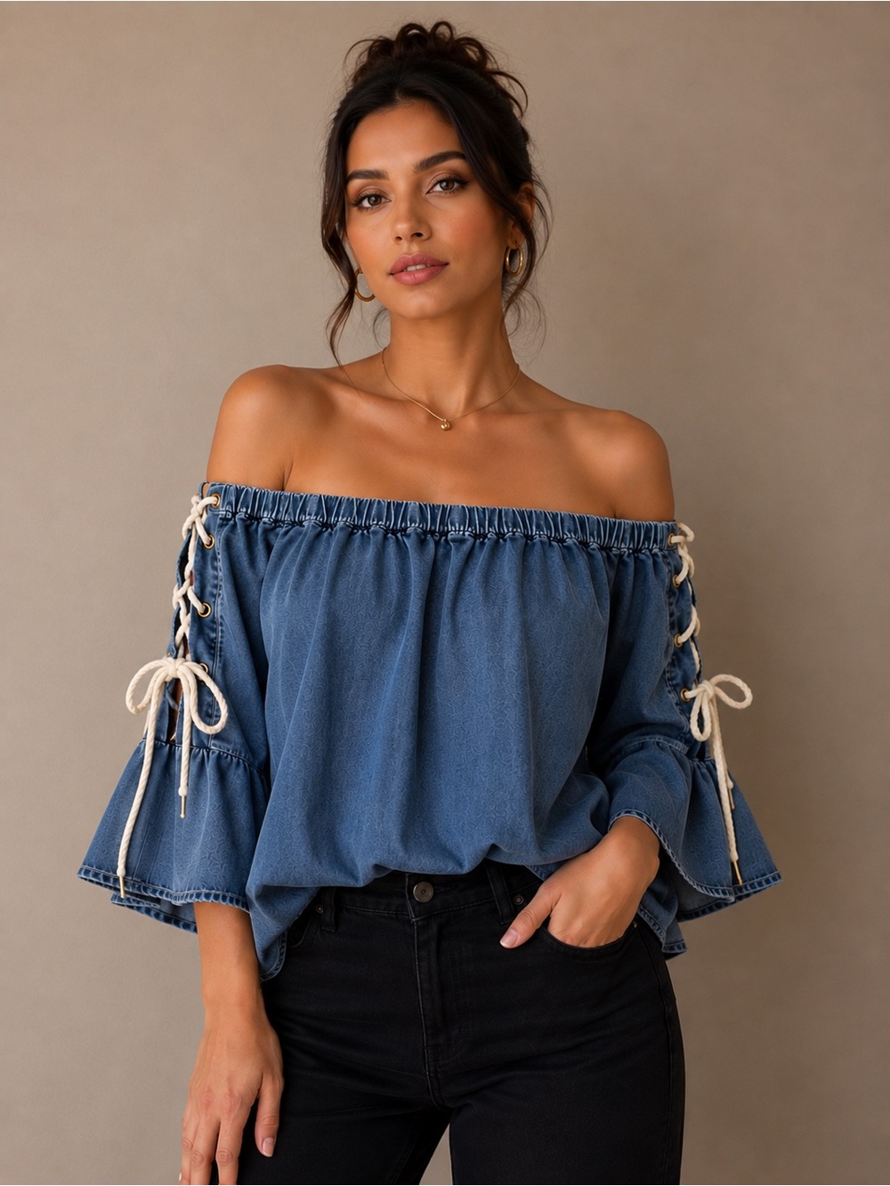 Off-Shoulder Denim-Look Peasant Blouse with Lace-Up Sleeves - Blue